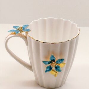Elegant White Mug with Blue and Gold Floral‎ Accents